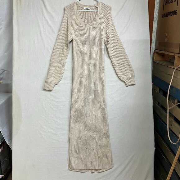 IN LOOM Women's Size M Tan Long Sleeve Ribbed Sweater Maxi Dress Slit Side - Picture 3 of 11
